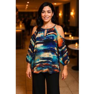 Cupio Abstract Print Cold Shoulder Blouson Sleeve Tunic Top M Brushstrokes